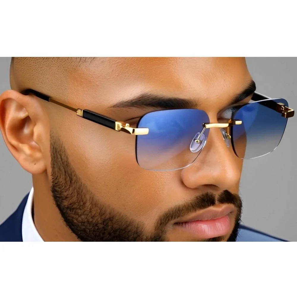 Men's Retro  Rectangular‎ Sunglasses Gold Blue Gradient Lenses Fashion Eyewear